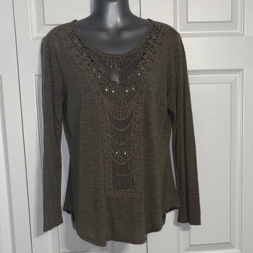 VENUS Olive Embellished Blouse, Medium